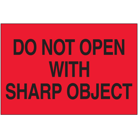 2 x 3" - "Do Not Open with Sharp Object" (Fluorescent Red) Labels